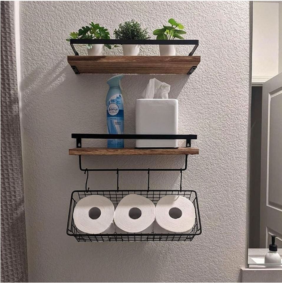 Set of 2 Brown Rustic Floating Shelves with Hooks and Towel Bar