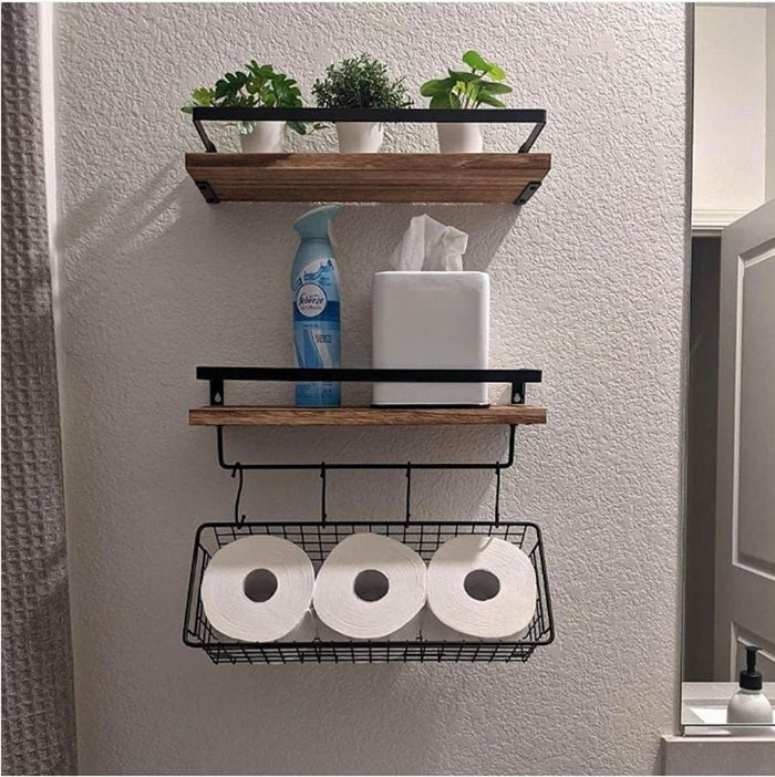 Set of 2 Brown Rustic Floating Shelves with Hooks and Towel Bar