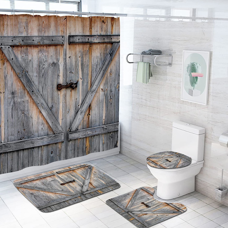 🔥NEW🔥4 Piece Rustic Barn Door Shower Curtain Set with Non-Slip Rugs Waterproof, 12 Hooks..