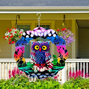 Wind Spinner Garden Decor 3D Stainless Steel Metal Sculptures Owl Kinetic Hanging Whirligig Decorations 12 Inch Windmill，Uitable for Yard Art