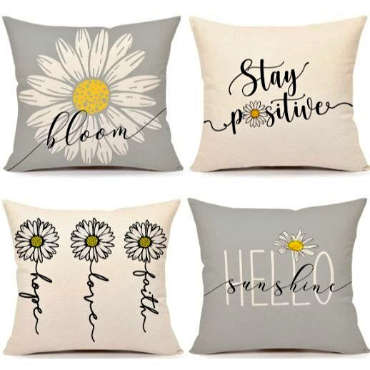 Set of 4 Farmhouse Spring Summer Pillow Covers Spring Decor Daisy Bloom Pillowcase 18x18