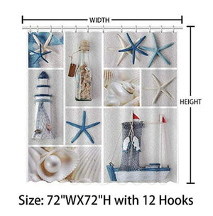 Nautical Shower Curtain Sailboat Lighthouse Beach Shell Starfish Bottle Fish Ocean Theme w/ Hooks
