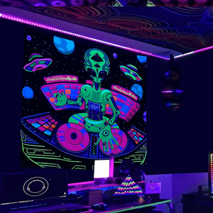 Funny Alien DJ Blacklight Tapestry UV Reactive Black Light Posters Glow in the Dark Tapestry 60"x51"