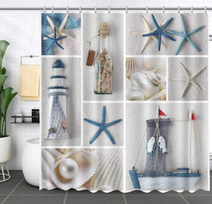 Nautical Shower Curtain Sailboat Lighthouse Beach Shell Starfish Bottle Fish Ocean Theme w/ Hooks