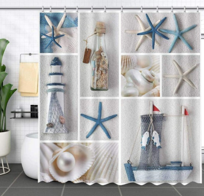 Nautical Shower Curtain Sailboat Lighthouse Beach Shell Starfish Bottle Fish Ocean Theme w/ Hooks