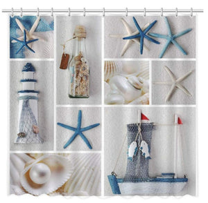Nautical Shower Curtain Sailboat Lighthouse Beach Shell Starfish Bottle Fish Ocean Theme w/ Hooks