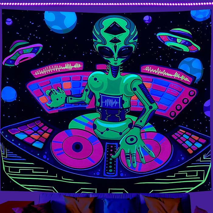 Funny Alien DJ Blacklight Tapestry UV Reactive Black Light Posters Glow in the Dark Tapestry 60"x51"
