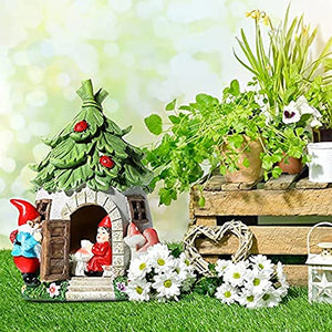 Fairy Garden Flower House with Gnome Solar Powered Lights Resin House Gnome Statue Sculpture Resin Miniature Gnome Fairy House Waterproof Gnome Decor