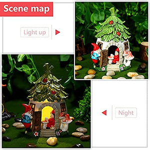 Fairy Garden Flower House with Gnome Solar Powered Lights Resin House Gnome Statue Sculpture Resin Miniature Gnome Fairy House Waterproof Gnome Decor