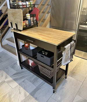 Wood Kitchen Island Cart on Wheels, Storage Drawer and Shelves, Espresso