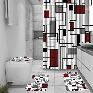 4 Pcs White and Black Shower Curtain Set with Non-Slip Rugs with 12 Hook