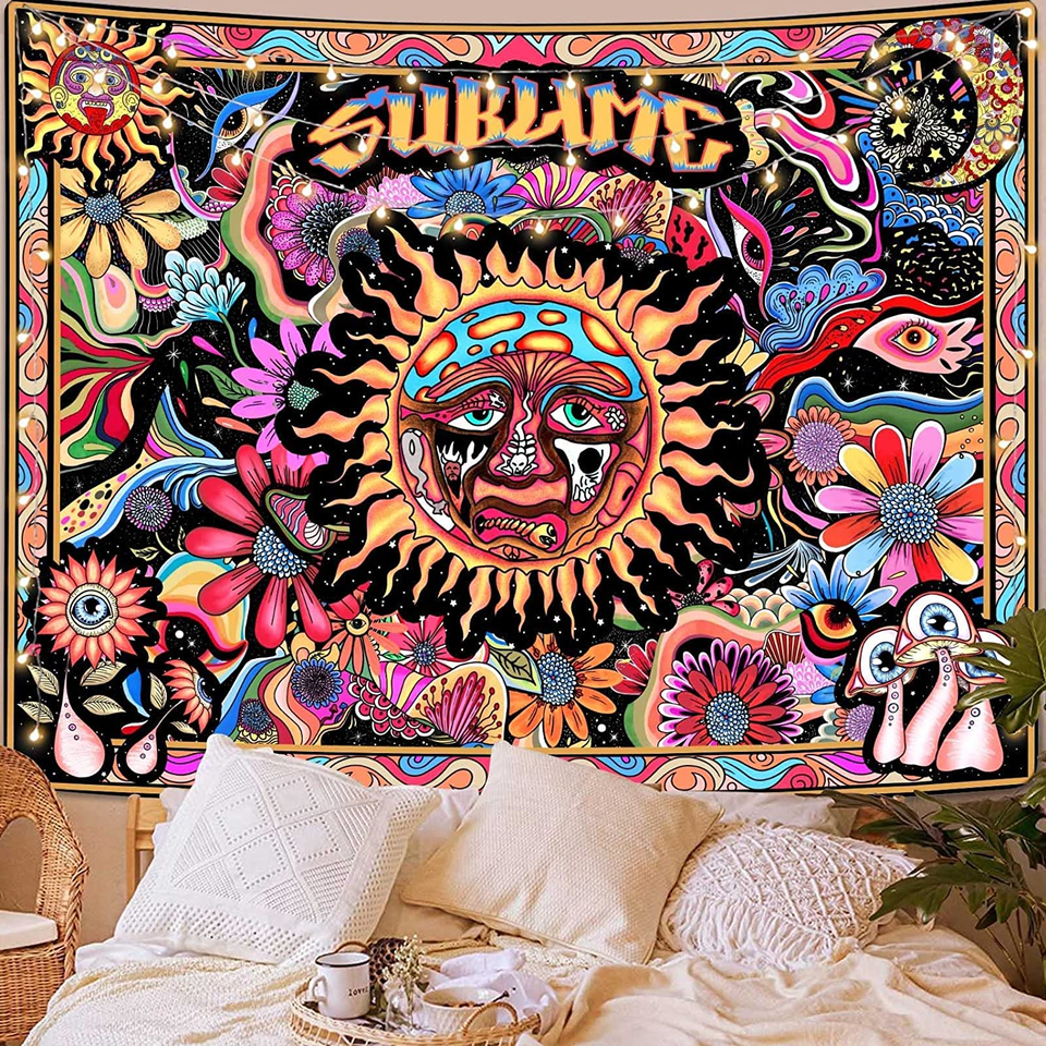 🌸TOP RATED!🌸 Trippy Sublime Tapestry Burning Sun Tapestries Indie Hippie Tapestry Wall Hanging Moon Mushroom(Red 80 × 60 )