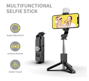 Selfie Stick Tripod with Fill Light, Bluetooth Wireless Remote, 3 in 1 Extendable Phone Holder