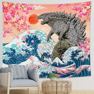 Great Wave Tapestry Pink Cherry Blossom Tapestry Godzilla Anime
