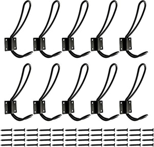 10 Pack of Black Wall Mounted Vintage Double Coat Hangers with Large Metal Screws