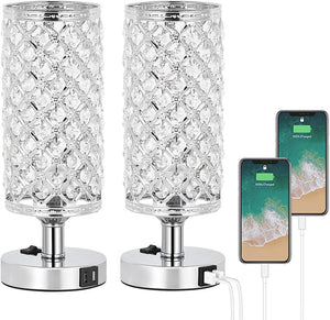 Touch Control Crystal Table Lamp Set of 2 Bedside Nightstand Lamps with 2 USB Charging Ports