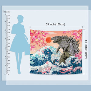 Great Wave Tapestry Pink Cherry Blossom Tapestry Godzilla Anime