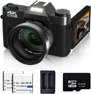 4K Digital Camera 48MP Pixel Autofocus Vlogging Camera 3.0" IPS 30FPS Flip Screen 16X Digital Zoom Fixed Camera Lenses with 32GB SD Card, 2 Batteries