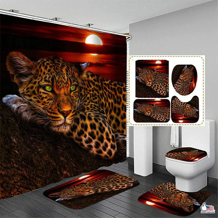 Shower Curtain Moon Leopard Cheetah Shower Curtain Sets with 12 Hooks with Toilet Mat Lid Rug 4 Pcs