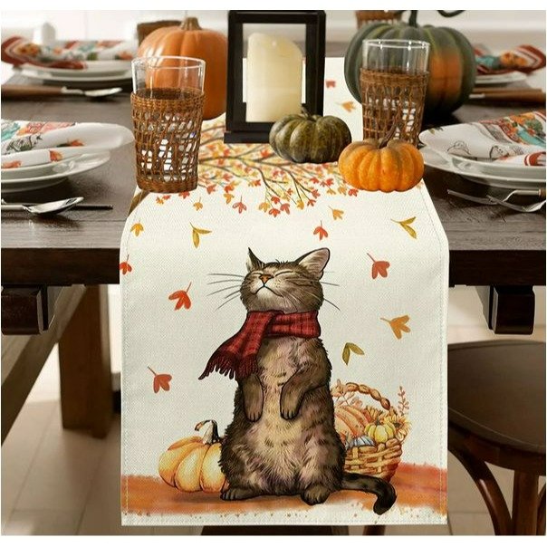 💯SALE❗️❗️ Cat Pumpkin Sunflower Maple Fall Table Runner Thanksgiving Table Decor 13x72"💯