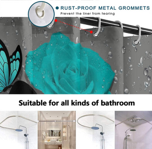 ✨NEW✨4 Pcs Teal Gray Rose Shower Curtain Sets with 12 Hooks 71''L