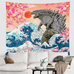 Great Wave Tapestry Pink Cherry Blossom Tapestry Godzilla Anime