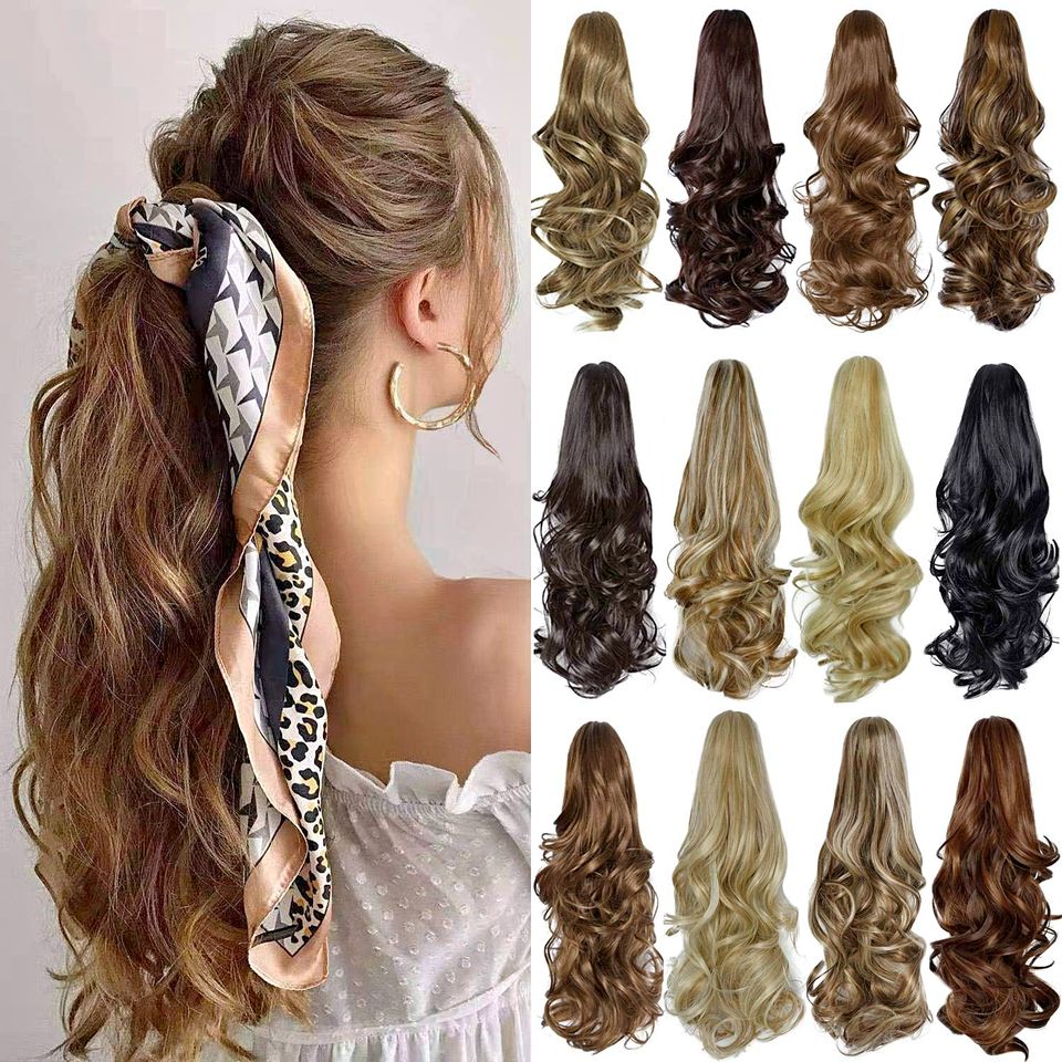 🎀👍Ponytail Extension 16"Long Curly Wavy Claw Jaw Clip in Synthetic,Light Brown Mix Ash Blonde✅