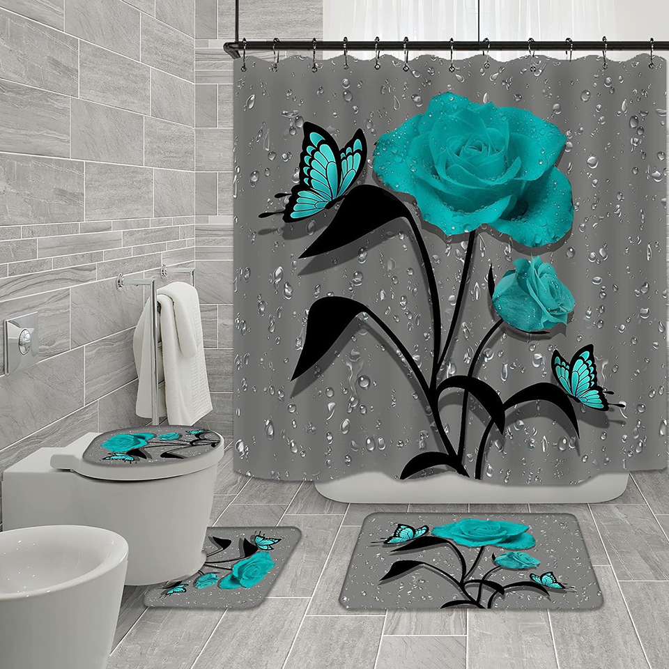 ✨NEW✨4 Pcs Teal Gray Rose Shower Curtain Sets with 12 Hooks 71''L
