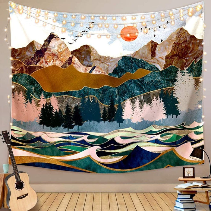 Tapestry Mountain Sunset Nature Ocean Wave Wall Hanging 51.1"x 59"