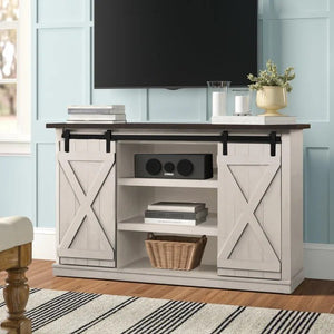 Sleek Rustic Farmhouse Sliding Barn Door Wooden TV Stand, Media Console Entertainment Center, Cream