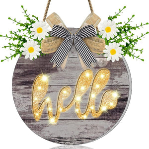 12'' Hello Wreath Welcome Door Sign with LED Light Battery Operated