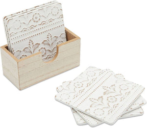 Set of 6 Shabby Chic Farmhouse White Floral Wood Coasters with Holder