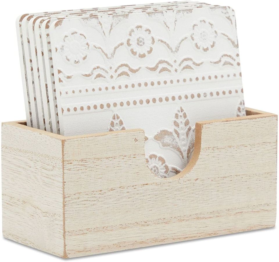 Set of 6 Shabby Chic Farmhouse White Floral Wood Coasters with Holder