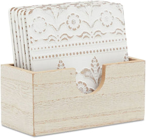Set of 6 Shabby Chic Farmhouse White Floral Wood Coasters with Holder