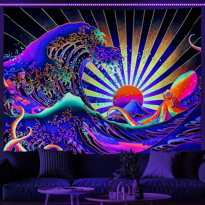 Blacklight Wave Tapestry Vintage Ocean Wave Octopus Tapestry for Bedroom Backdrop
