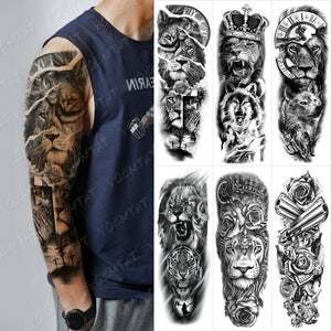 6pcs Waterproof Tattoo Sticker Lion Wolf Clock Arm Fake Sleeve Tattoos Men Women