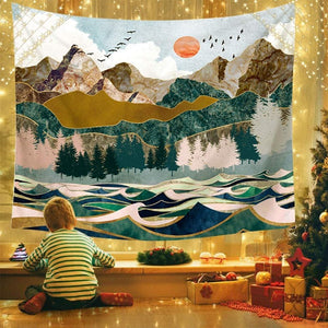 Tapestry Mountain Sunset Nature Ocean Wave Wall Hanging 51.1"x 59"