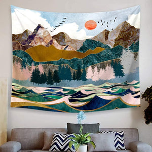 Tapestry Mountain Sunset Nature Ocean Wave Wall Hanging 51.1"x 59"