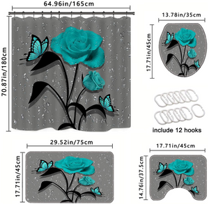 ✨NEW✨4 Pcs Teal Gray Rose Shower Curtain Sets with 12 Hooks 71''L