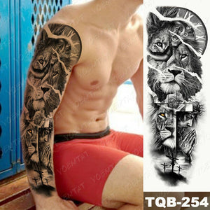 6pcs Waterproof Tattoo Sticker Lion Wolf Clock Arm Fake Sleeve Tattoos Men Women