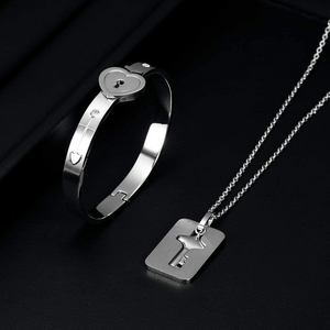 🔏🔏Lock Bracelet and Key Necklace Set for Couples Jewelry - Stainless Steel Heart Bangle for sweetheart