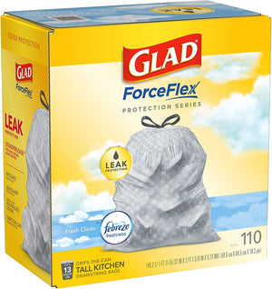 ��Glad ForceFlex Tall Kitchen Drawstring Trash Bags, 13 Gal, Fresh Clean Scent with Febreze, 110 Ct