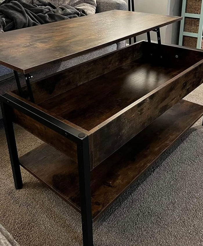 Lift Top Coffee Table with Pop Up Hidden Compartment, Rustic Brown