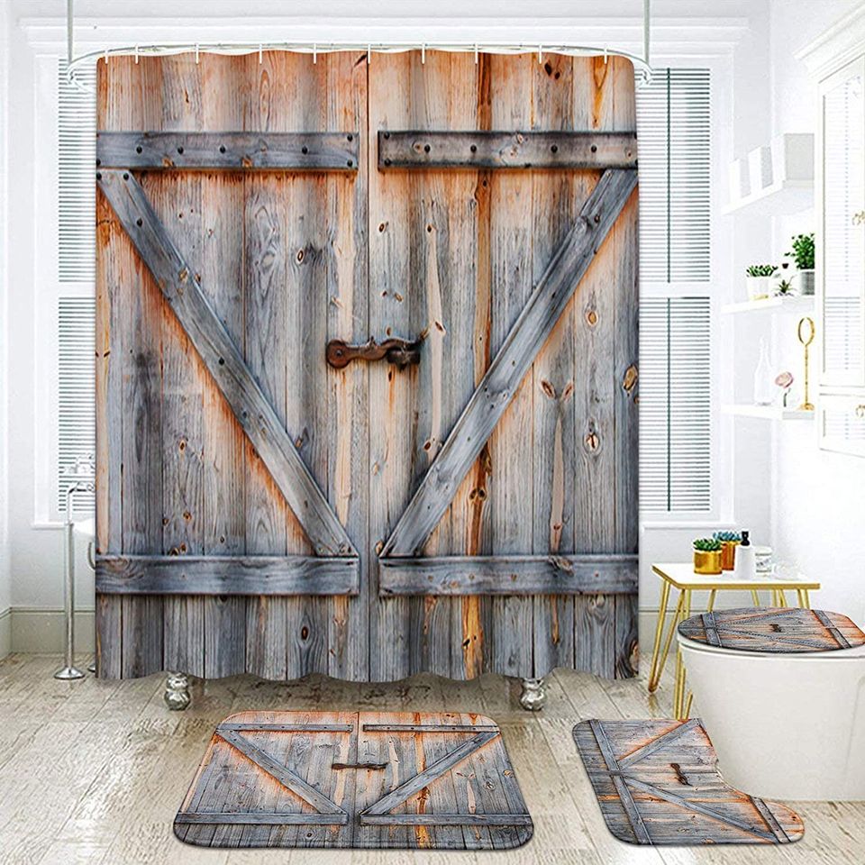 ✨NEW✨4 Piece Rustic Barn Door Shower Curtain Set