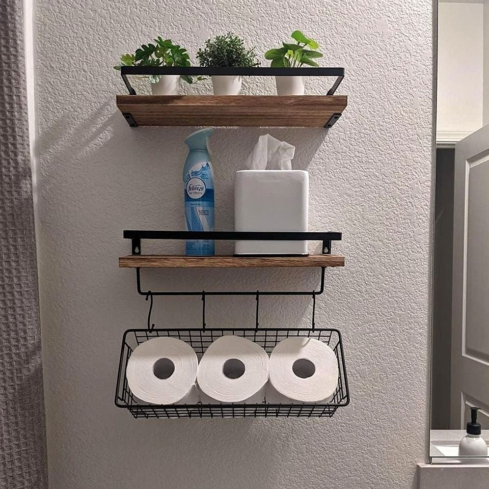 Set of 2 Brown Rustic Floating Shelves with Hooks and Towel Bar