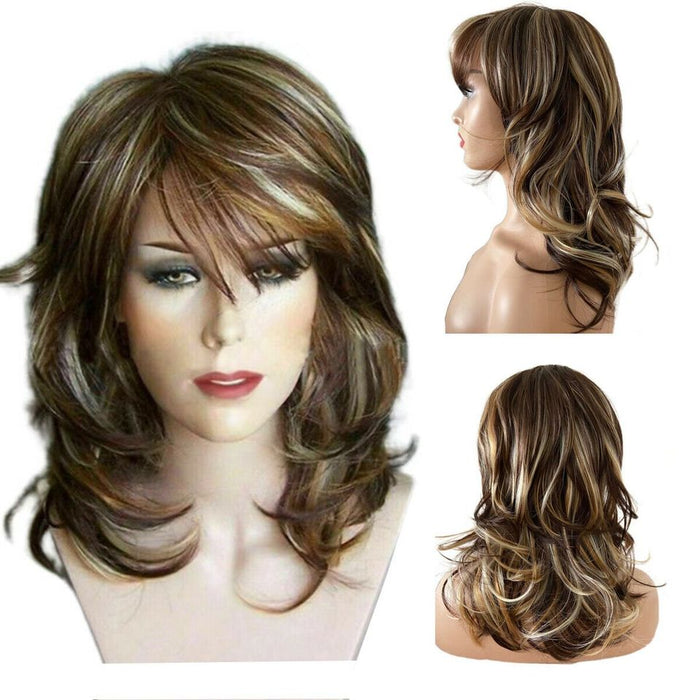 Brown Curly Wig for Women Girl Synthetic Wigs with Inclined Bangs Natural Wig -NEW