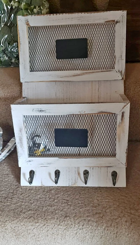 😻🐶 Rustic Wooden Mail Holder Wall Mounted with 4 Key Hooks, Wooden Mail Sorter Organizer,