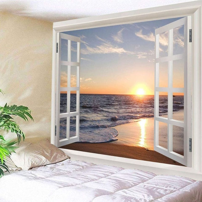 🔥NEW🔥3D Ocean Tapestry Wall Hanging Sun Sunset Sea Beach Landscape Window Tapestries 51x59 Inches