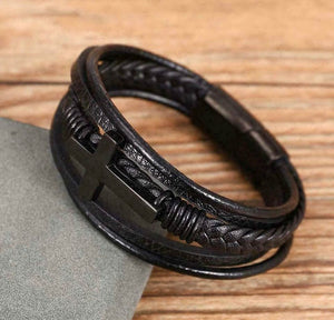 Leather Black Stainless Steel Cross Bracelet with Stainless Steel Magnetic Clasp