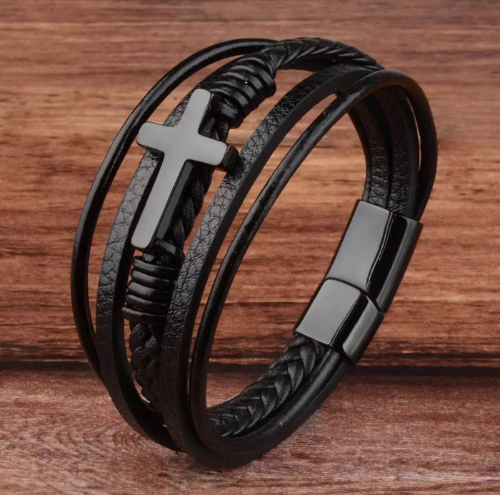 Leather Black Stainless Steel Cross Bracelet with Stainless Steel Magnetic Clasp